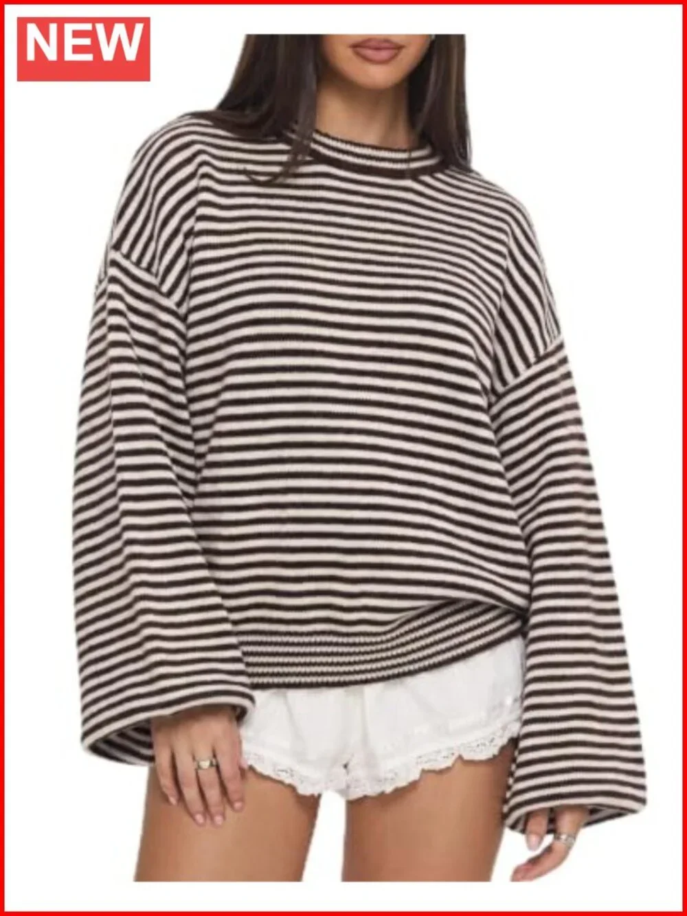 Oversized Striped Crewneck Sweater Balloon Sleeve Pullover